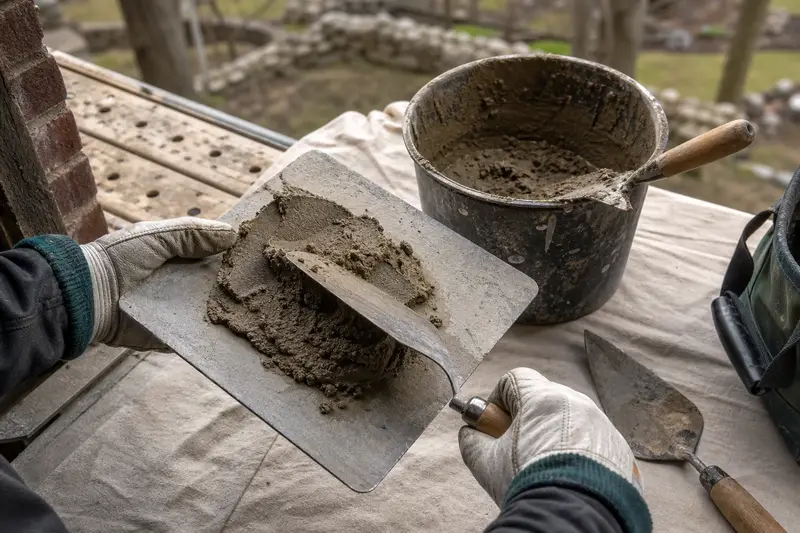 A mortar hawk, trowels and a bucket of mixed mortar set on a roof work platform; illustrative image