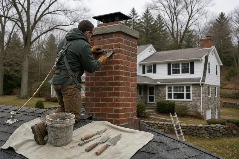 A harnessed mason repointing mortar joints on a red brick chimney with a concrete crown with a pointing trowel; illustrative image
