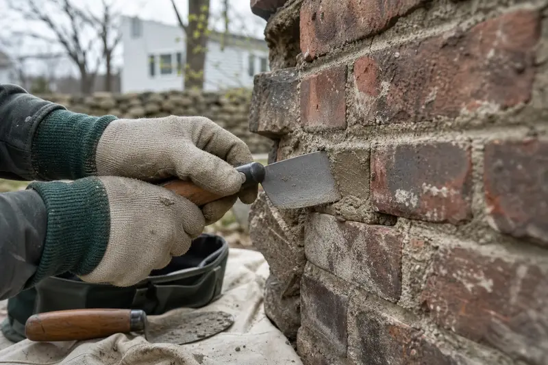 Gloved hands pressing fresh mortar into a raked joint with a tuckpointing trowel; illustrative image