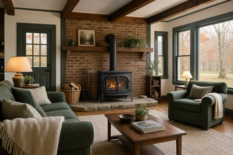 A clean hearth room with a cast-iron wood stove on a stone hearth pad, glass doors closed, in soft daylight; illustrative image