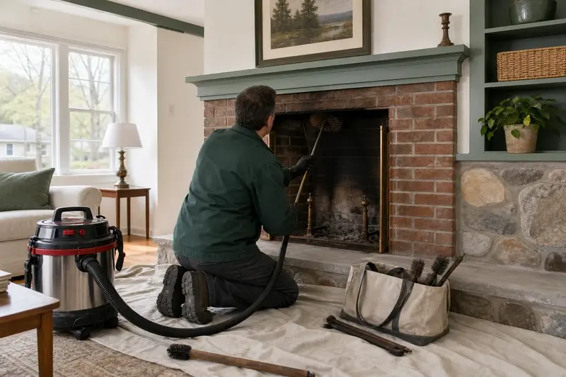 A technician brushing the flue of an open masonry wood-burning fireplace from the firebox, drop cloths and a sealed vacuum in place; illustrative image