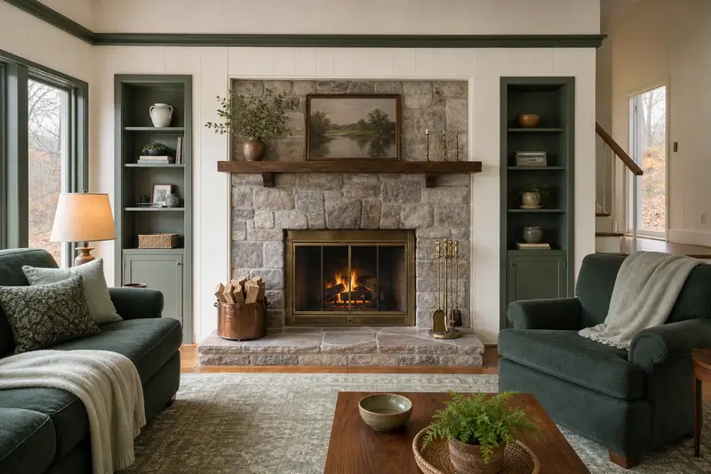 A restored hearth room with an open masonry wood-burning fireplace, a clean hearth and brass fireplace tools; illustrative image