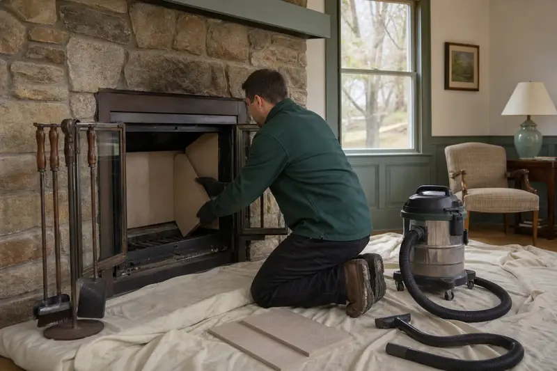 A technician fitting a refractory panel into the firebox of a factory-built wood-burning fireplace with a stone facing, the fireplace cold and unlit; illustrative image