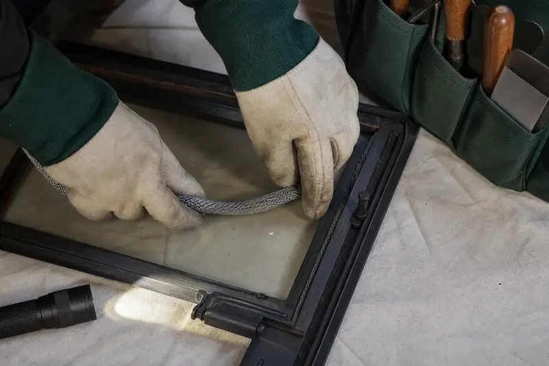 Gloved hands fitting new gasket rope along a fireplace door frame; illustrative image