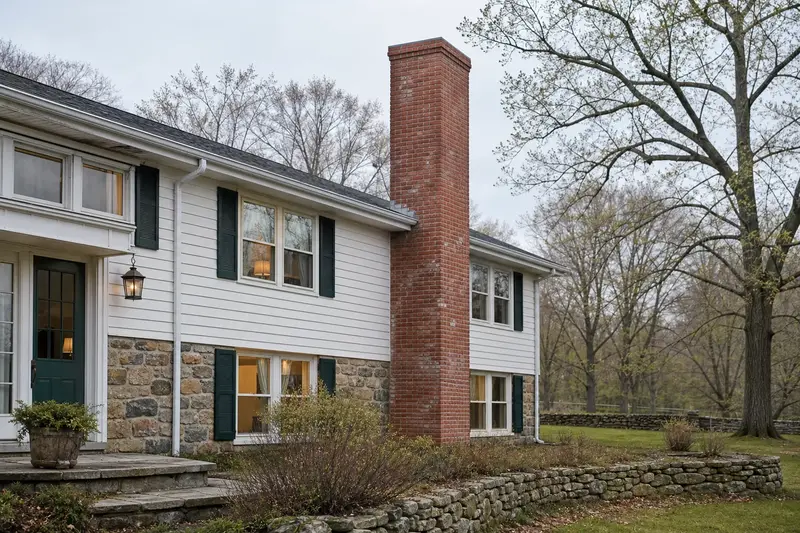 A 1970s split-level house with a red brick chimney with a concrete crown of clean red brick; illustrative image