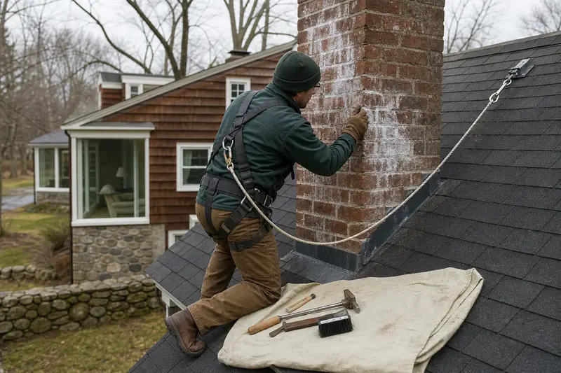 A harnessed technician examining the brick of a stone masonry chimney in cold weather; illustrative image