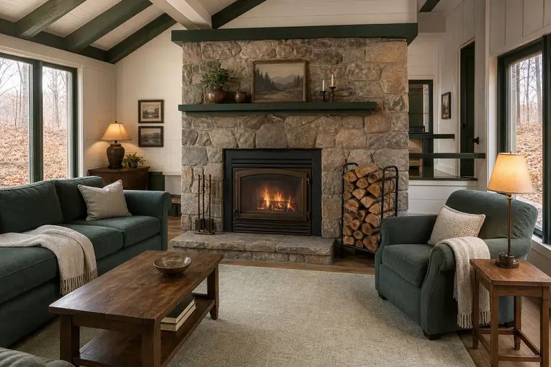 A hearth room with a factory-built wood-burning fireplace with a stone facing, split firewood in a steel rack and a clear hearth; illustrative image