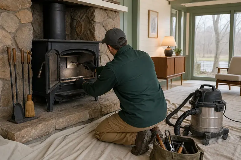 A technician adjusting the damper handle of a cast-iron wood stove on a stone hearth pad by flashlight, the fireplace cold; illustrative image