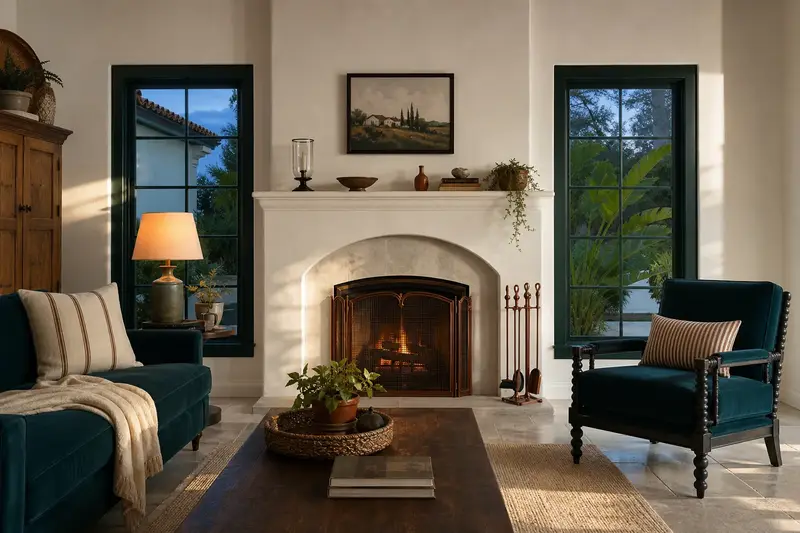 A clean hearth room with an open masonry wood-burning fireplace and fireplace tools on a stand; illustrative image