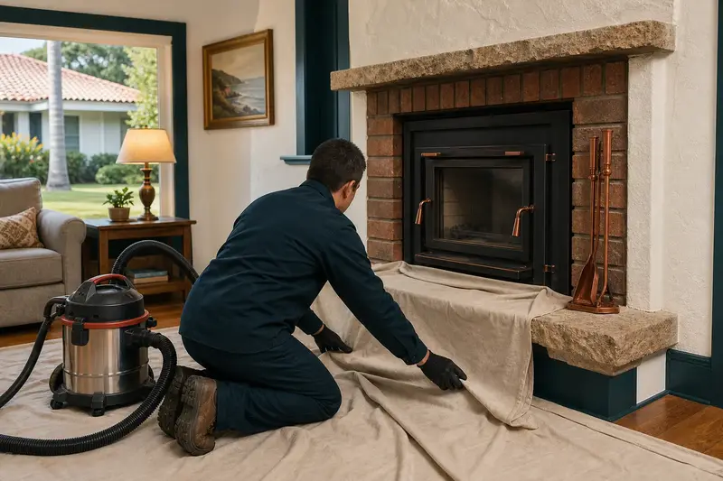 A technician setting drop cloths and a sealed vacuum in front of a wood-burning insert in a brick opening before a cleaning; illustrative image
