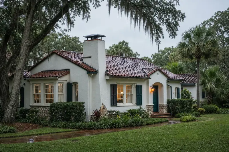 A 1940s Mediterranean Revival stucco house with a barrel tile roof after a heavy rain with a stucco-clad masonry chimney with a metal cap, wet roofs and clear gutters; illustrative image
