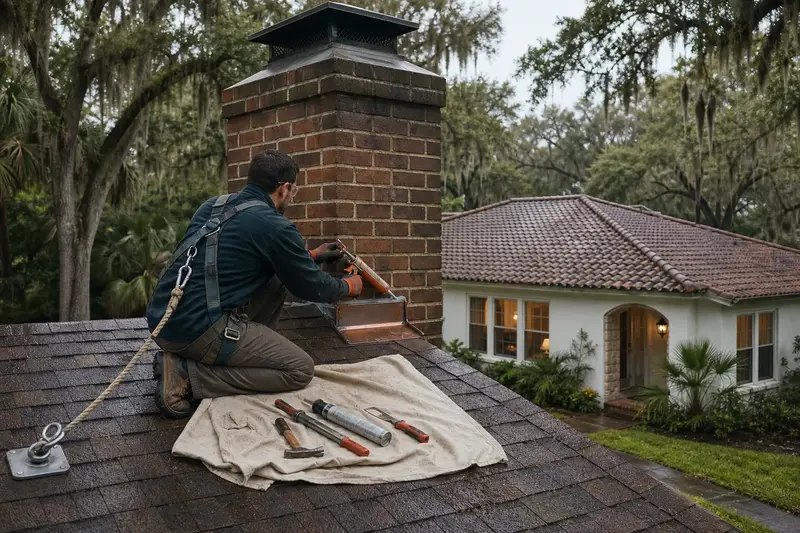 A harnessed technician sealing the step flashing where a brick chimney with a metal cap meets the roof; illustrative image