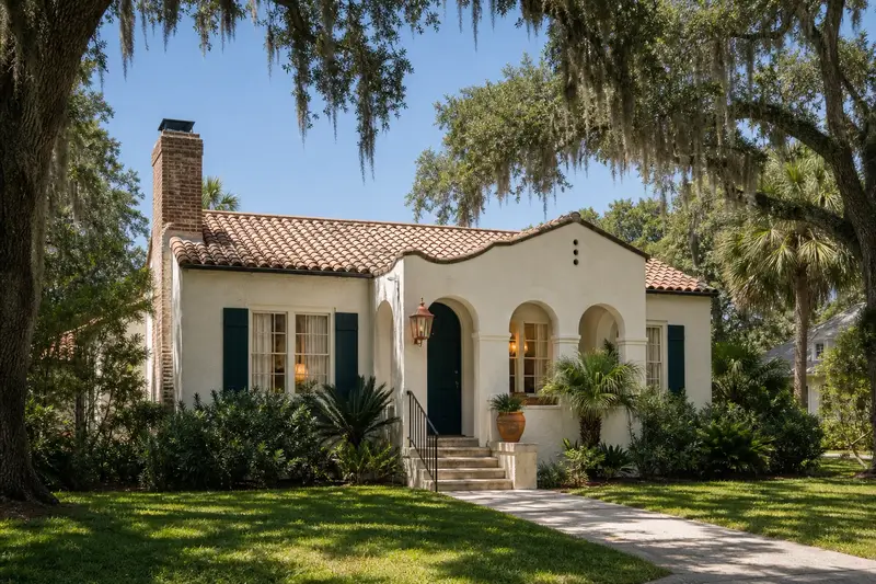 A 1920s Mediterranean Revival stucco house with a barrel tile roof showing a brick chimney with a metal cap rising above the roof; illustrative image
