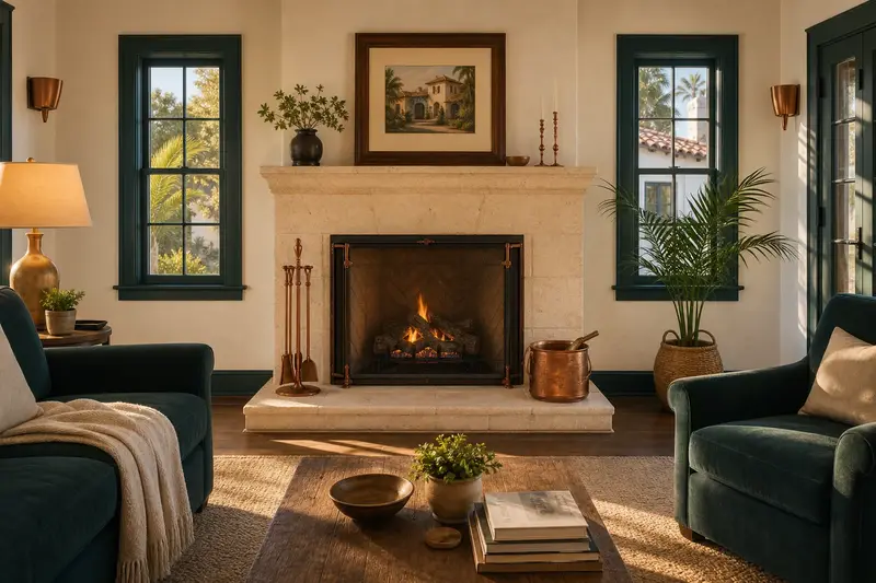 A living room with a vented gas log set in a masonry firebox seen straight on, its opening, hearth and surround clear; illustrative image
