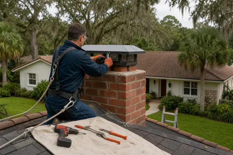 A harnessed technician fastening a multi-flue cap over the crown of a short brick chimney with a concrete crown above a hip roof; illustrative image