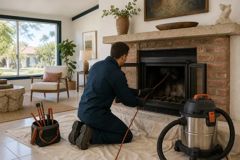 A technician feeding a rotary chimney brush up the flue of a wood-burning insert in a brick opening, drop cloths and a sealed vacuum on the hearth; illustrative image