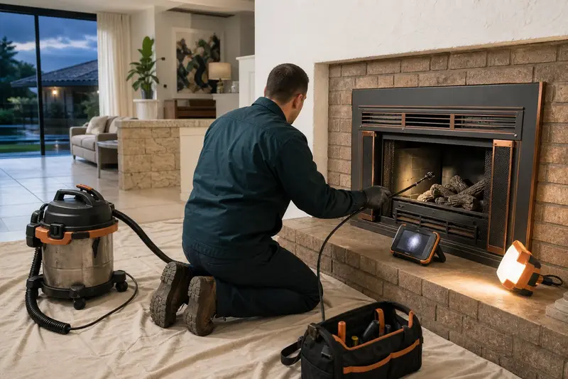 A technician guiding an inspection camera into the firebox of a gas insert set in a brick opening, the fireplace cold and unlit; illustrative image