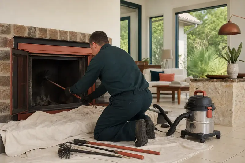 A technician brushing the flue of a wood-burning insert in a brick opening on a humid summer day, drop cloths on the hearth; illustrative image