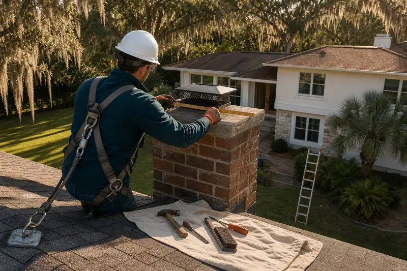 A harnessed mason measuring the crown of a short brick chimney with a concrete crown above a hip roof with a folding rule; illustrative image