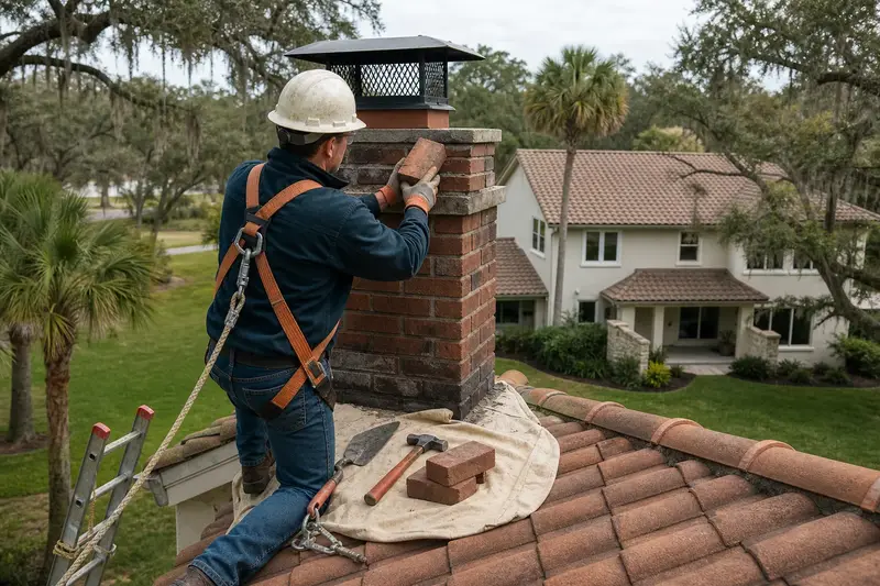 A harnessed mason setting a replacement brick near the top of a brick chimney with a metal cap; illustrative image