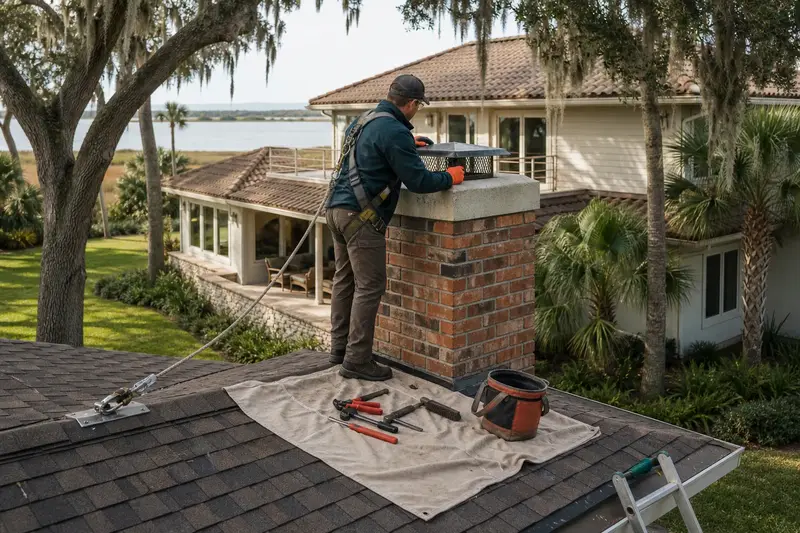 A harnessed technician examining the crown and cap of a short brick chimney with a concrete crown above a hip roof from a dry roof; illustrative image