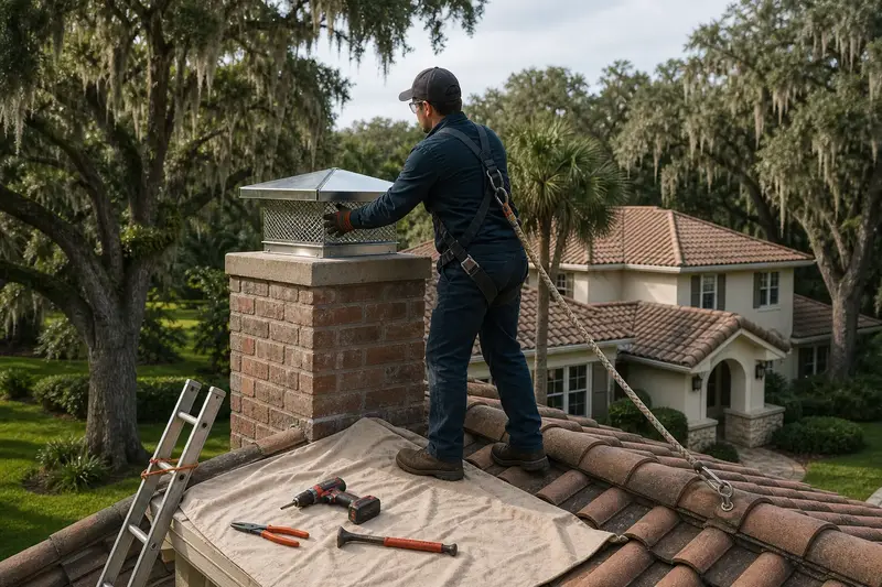 A harnessed technician setting a stainless steel mesh chimney cap onto a short brick chimney with a concrete crown above a hip roof; illustrative image