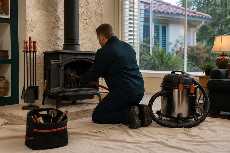 A technician kneeling at a cast-iron wood stove on a stone hearth pad with a sealed vacuum and drop cloths, the fireplace cold and unlit; illustrative image