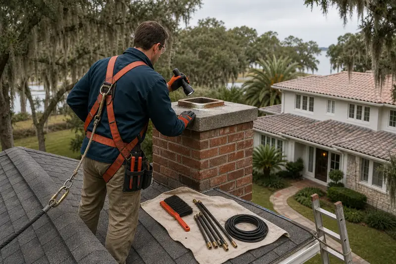 A harnessed technician examining the top of a short brick chimney with a concrete crown above a hip roof with a flashlight from a dry roof surface; illustrative image