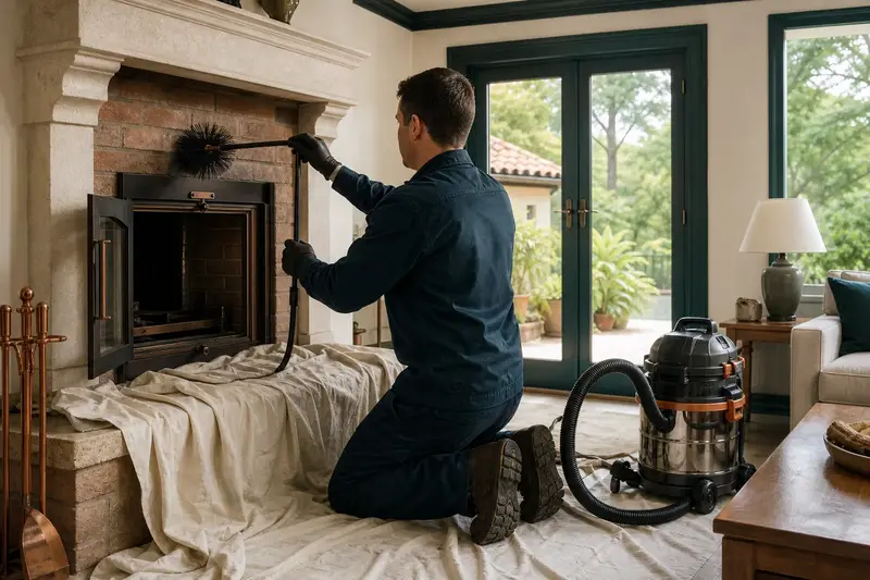 A technician brushing the flue of a wood-burning insert in a brick opening on a humid summer day, drop cloths on the hearth; illustrative image