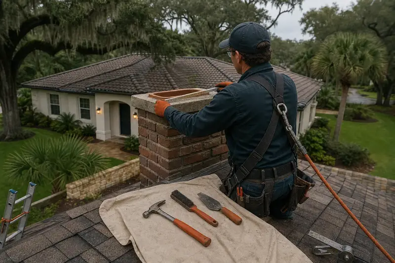 A harnessed mason measuring the crown of a short brick chimney with a concrete crown above a hip roof with a folding rule; illustrative image