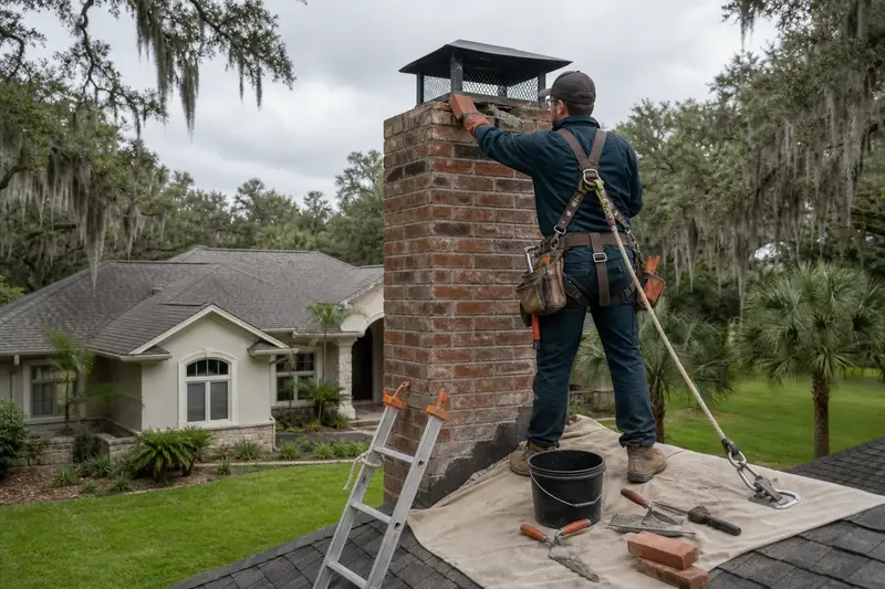 A harnessed mason setting a replacement brick near the top of a brick chimney with a metal cap; illustrative image