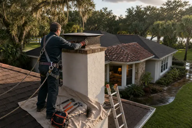 A harnessed technician examining the crown and cap of a stucco-clad masonry chimney with a metal cap from a dry roof; illustrative image