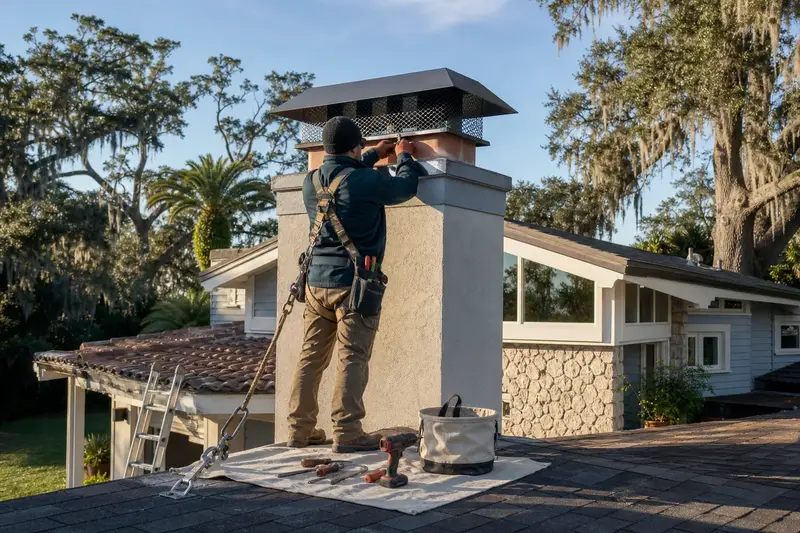 A harnessed technician fastening a multi-flue cap over the crown of a stucco-clad masonry chimney with a metal cap; illustrative image