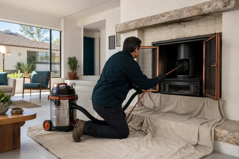A technician feeding a rotary chimney brush up the flue of a wood-burning insert in a brick opening, drop cloths and a sealed vacuum on the hearth; illustrative image