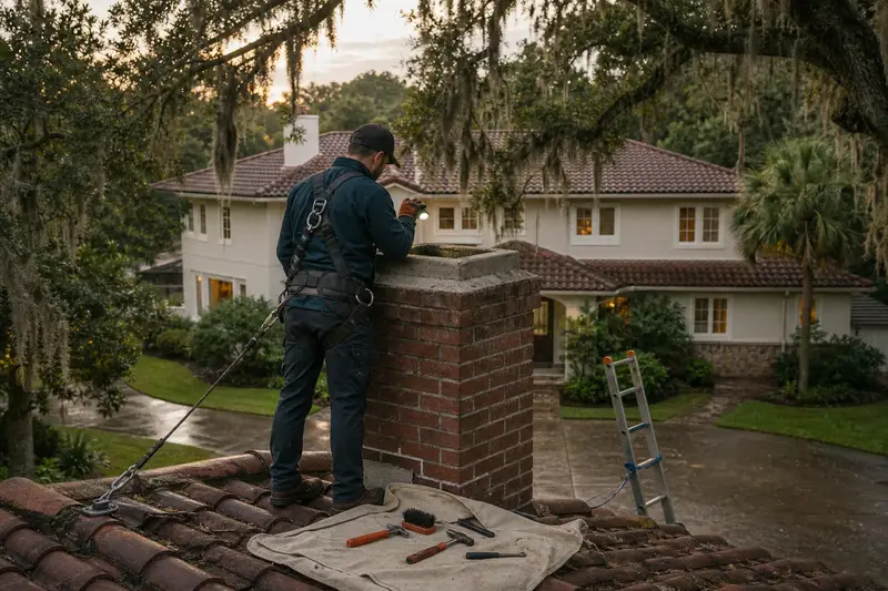A harnessed technician examining the top of a short brick chimney with a concrete crown above a hip roof with a flashlight from a dry roof surface; illustrative image