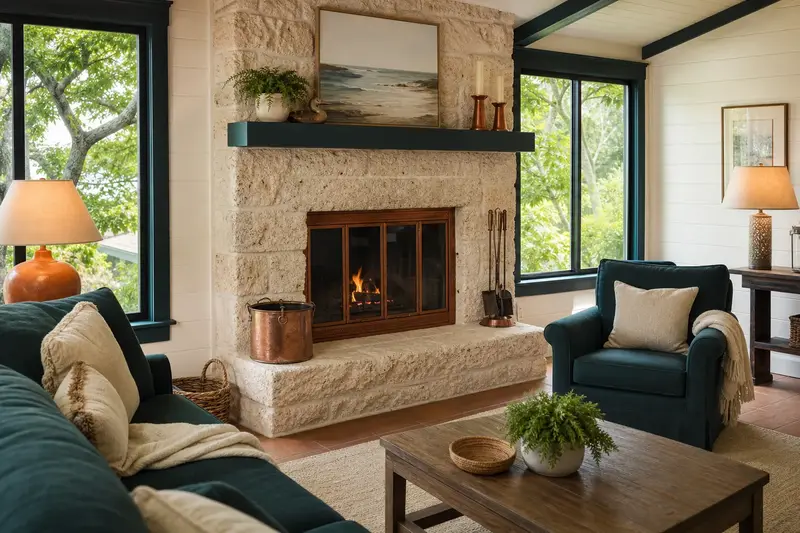 A summer living room with a factory-built wood-burning fireplace with a stone facing, glass doors closed and green trees outside the windows; illustrative image