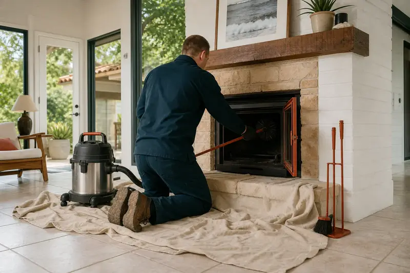 A technician brushing the flue of a wood-burning insert in a brick opening on a humid summer day, drop cloths on the hearth; illustrative image