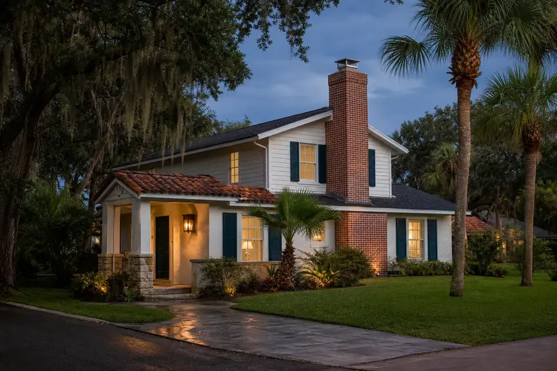 A 1970s coastal contemporary house with lap siding with a brick chimney with a metal cap and neat mortar joints; illustrative image