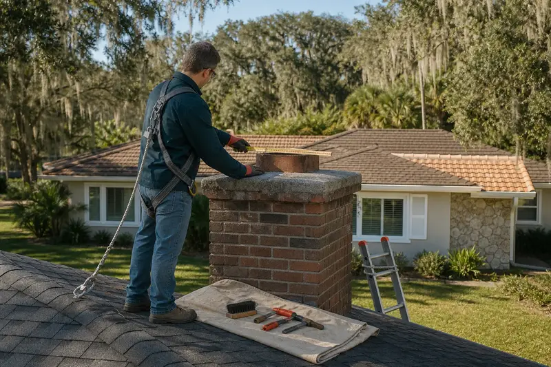A harnessed mason measuring the crown of a short brick chimney with a concrete crown above a hip roof with a folding rule; illustrative image