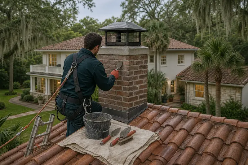 A harnessed mason repointing mortar joints on a brick chimney with a metal cap with a pointing trowel; illustrative image