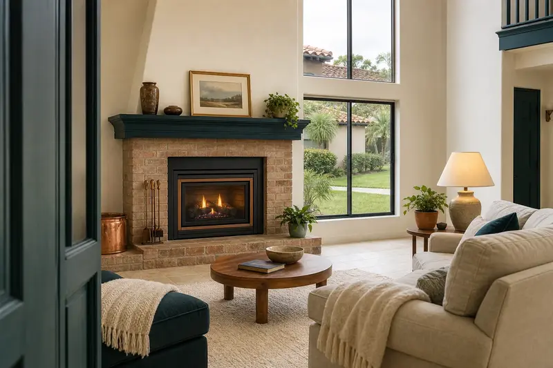 A warm living room with a gas insert set in a brick opening glowing softly behind its glass, no one present; illustrative image