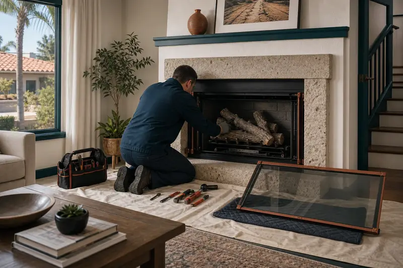 A technician checking the burner and log placement of a direct-vent gas fireplace with the gas off and the glass set aside; illustrative image