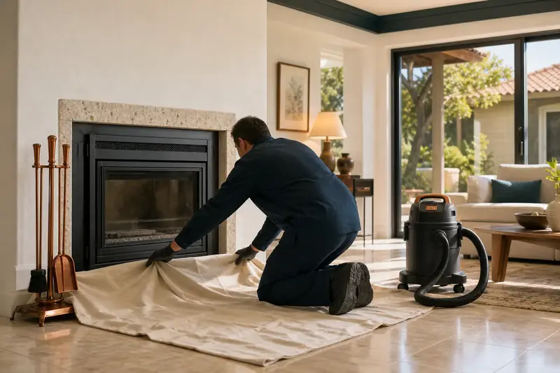 A technician laying drop cloths before servicing a direct-vent gas fireplace, the fireplace cold; illustrative image