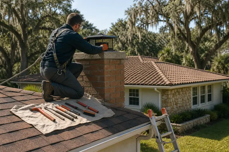 A harnessed technician examining the crown and cap of a short brick chimney with a concrete crown above a hip roof from a dry roof; illustrative image