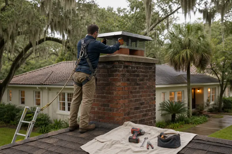A harnessed technician fastening a multi-flue cap over the crown of a brick chimney with a metal cap; illustrative image