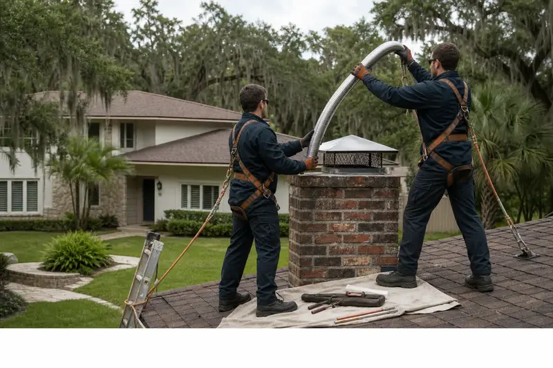Two harnessed technicians feeding a stainless steel liner into a brick chimney with a metal cap from a dry roof; illustrative image