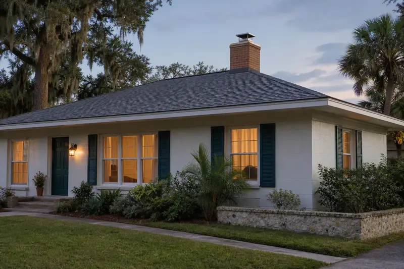 A 1980s concrete-block ranch house with a hip roof with a short brick chimney with a concrete crown above a hip roof topped by a new stainless steel cap; illustrative image