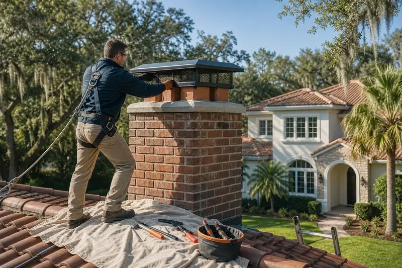 A harnessed technician fastening a multi-flue cap over the crown of a brick chimney with a metal cap; illustrative image