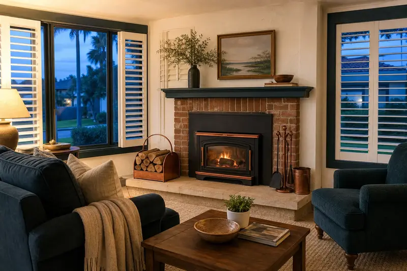 A tidy hearth room with a wood-burning insert in a brick opening, a cleared hearth, fireplace tools and split firewood; illustrative image