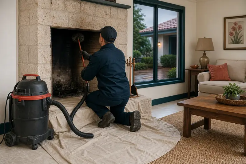 A technician feeding a rotary chimney brush up the flue of an open masonry wood-burning fireplace, drop cloths and a sealed vacuum on the hearth; illustrative image